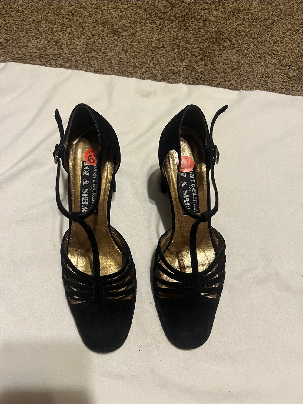 Stuart Weitzman black suede t-strap chunky heel